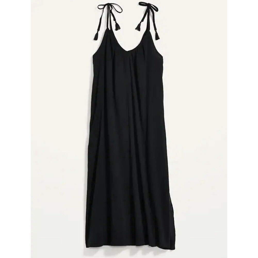 Old Navy Womens Sz Large Maxi Tasseled Tie Shoulder Slit Swing Dress Jet Black